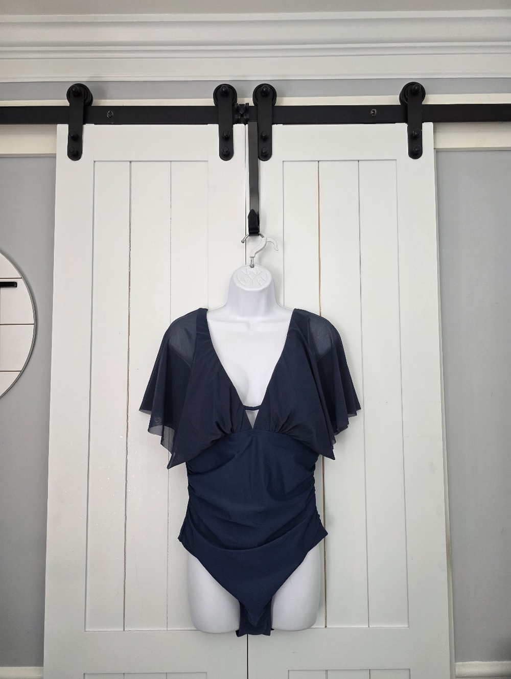 Cupshe Navy Plunging Butterfly Sleeve Tummy Control One-Piece Swimsuit. NEW!